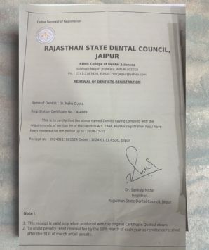 Dr. Neha Gupta - Dental Council Registration Certificate