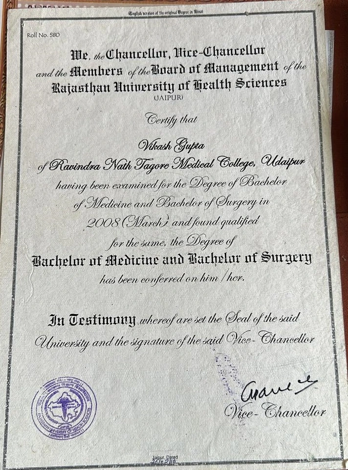 MBBS degree certificate of Dr. Vikas Gupta from Rajasthan University of Health Sciences