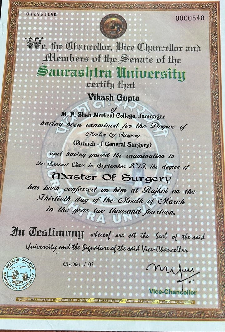 MS General Surgery degree certificate of Dr. Vikas Gupta from Saurashtra University